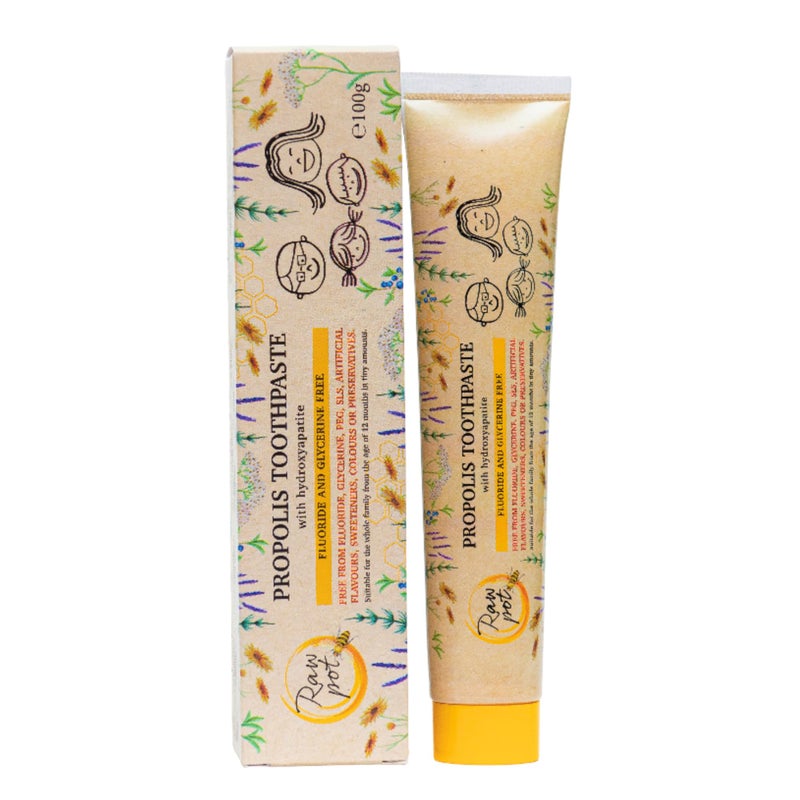 RAW POT Propolis & Hydroxyapatite Toothpaste for Adults & Kids - Fluoride & Glycerine Free, Natural Tooth Enamel & Oral Microbiome Support - Sensitive Teeth & Gum Care - 100g